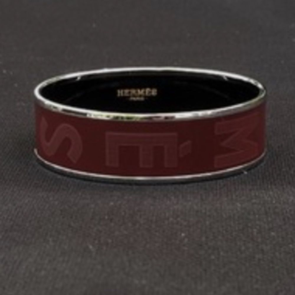HERMES Burgundy Enamel Palladium Plated Wide Printed Sellier Bangle Bracelet